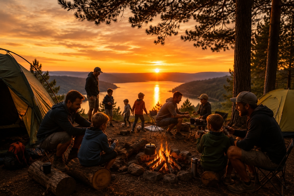 Auf einem Zeltplatz spielen Väter mit ihren Kindern im Sonnenuntergang.